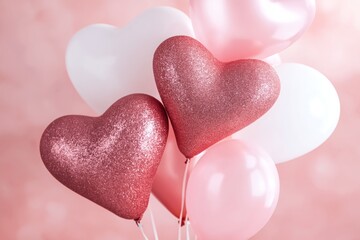 Obraz premium Balloons in Heart Shapes Floating Against a Simple Pink Background During a Celebration Event