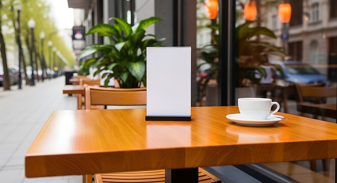 A serene outdoor cafe setting with a wooden table and a cup of coffee