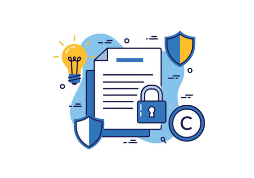 Flat style vector illustration of copyright and intellectual property protection with document and lock icons, representing legal rights, security, and ownership