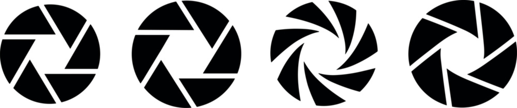 Set of four minimalist camera shutter icons in black and white for photography and design