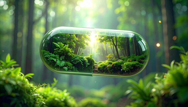 transparent capsule with lush forest inside sunlight healing nature concept