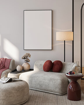 Modern Living Room Poster Frame Mockup with Natural Light and Minimalist Decoration. 3D render.