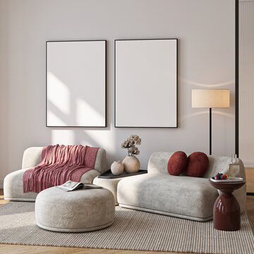 Modern Living Room Poster Frame Mockup with Natural Light and Minimalist Decoration. 3D render.