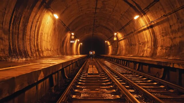 Abandoned train tunnel with tracks.