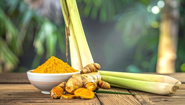 Fresh turmeric, ginger, and lemongrass on wooden table in tropical setting