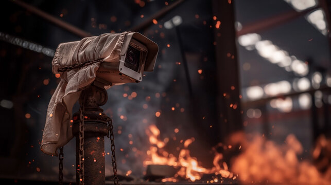 Security camera blindfolded with rusted chains and worn cloth in dark industrial space with flying embers and oppressive shadowed atmosphere