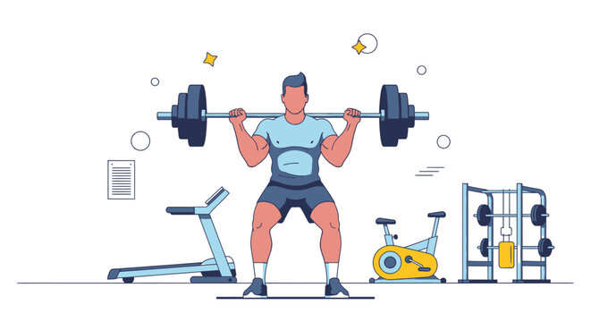 Athletic man performing barbell squats in a modern gym
