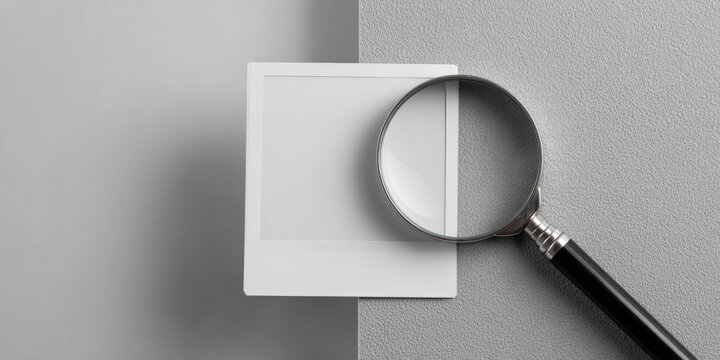 Magnifying glass over blank photo frame