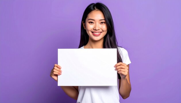 East Asian Woman with Straight Hair Holding Blank Sign on Purple