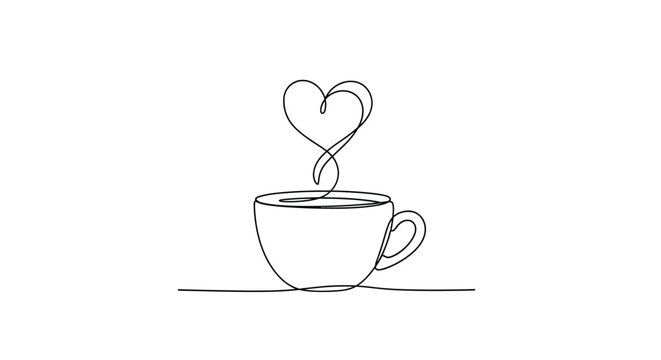 Continuous line art drawing of a hot coffee cup with steam forming a heart shape, hot drink