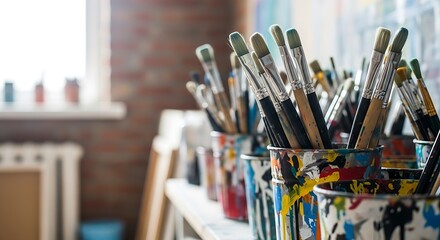 Fototapeta premium A collection of paintbrushes in colorful jars on a table in an artist's studio with a brick wall and window in the background.