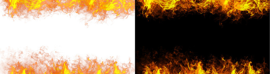 PNG image of Vibrant, energetic orange and yellow flames blaze intensely across the top and bottom edges, creating a dynamic fiery border on transparent background. © MariaAlam