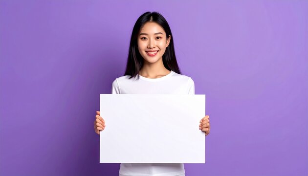 Confident East Asian Woman with Blank Sign on Purple Background