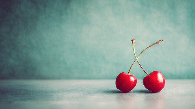 Two cherries with crossed stems on a light surface