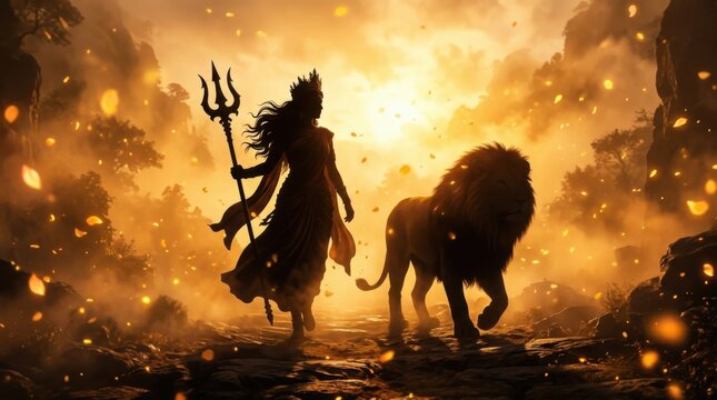 Goddess Durga and Lion Walking through Golden Mist at Sunset