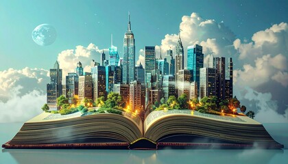 futuristic city skyline emerging from open book with glowing pages and clouds