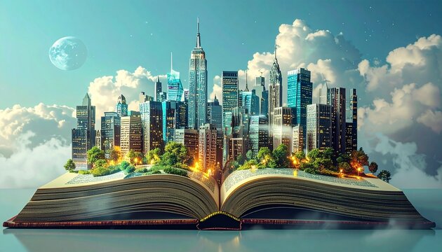 futuristic city skyline emerging from open book with glowing pages and clouds