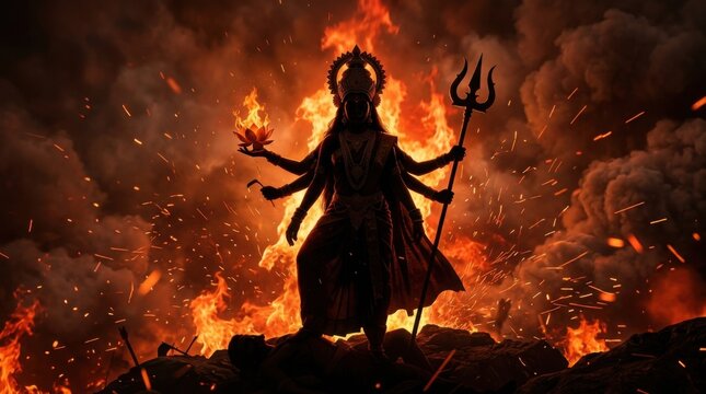 Hindu Goddess Durga with Multiple Arms in a Fiery Backdrop