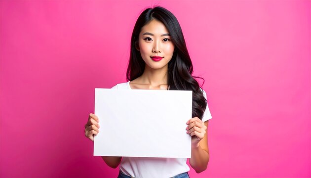 Smiling East Asian Woman Presenting Blank Board on Pink Background