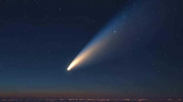 View of a comet passing over a city at night with bright stars in the sky