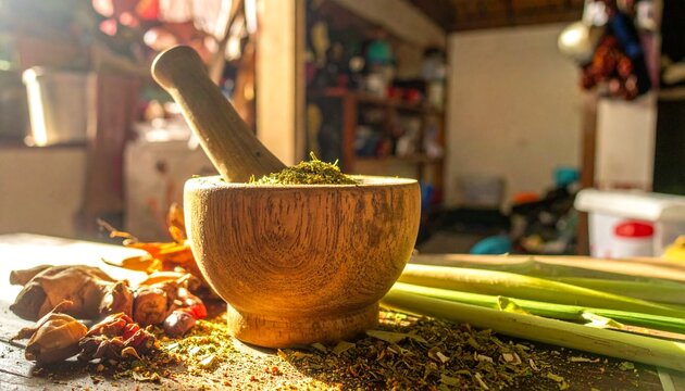 Wooden mortar and pestle grinding fresh turmeric and herbs for traditional jamu preparation