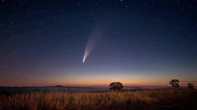 Comet seen in the night sky over open field during sunset