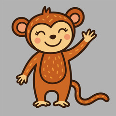 Fototapeta premium Cute Cartoon Monkey Waving Hello with a Happy Smile.