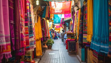 Obraz premium Vibrant textile market alley with hanging colorful fabrics and cultural ambiance at dusk