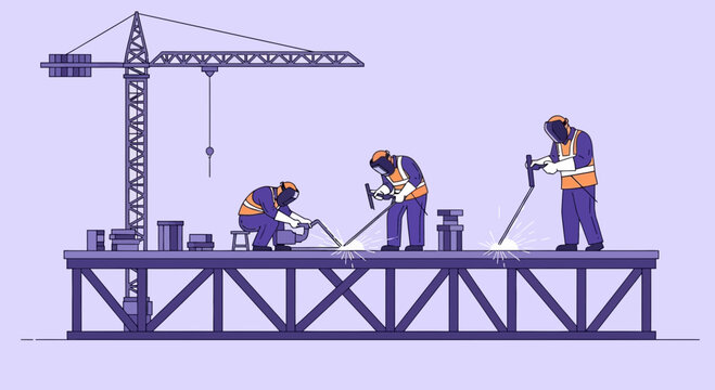 Construction Crew Welding a Steel Structure, Underneath a Tower Crane, Industrial Worksite
