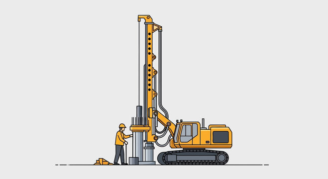 Construction Crew With Drilling Machinery And Engineering Equipment Vector Illustration