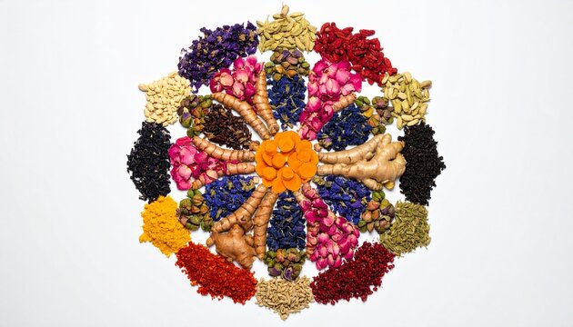 Colorful mandala of traditional herbal jamu ingredients flat lay composition