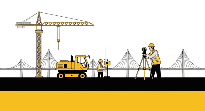 Construction Engineering Team Working on Bridge Building Project with Machinery and Workers