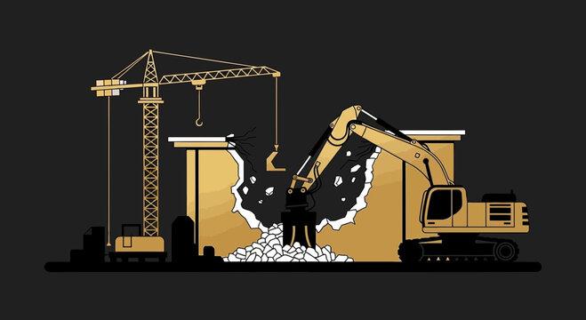 Construction Equipment Demolishing Structure: An Engineering And Architectural Illustration