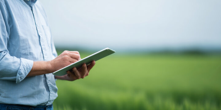Man using tablet in green field