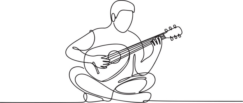 Guitarist sitting playing lute acoustic string instrument continuous one line drawing. Minimalist concert.one line drawing vector illustration