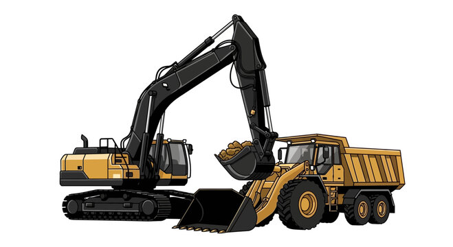 Construction Equipment Depiction: Excavator Loading a Dump Truck Against White Background