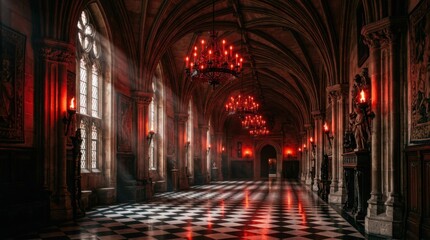 Obraz premium Grand Arched Corridor with Red Light and Dramatic Sunbeams