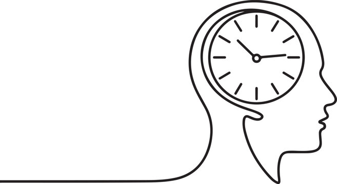 Human head profile with clock inside mind single line art. Minimalist psychology concept of time management and memory.one line drawing vector illustration
