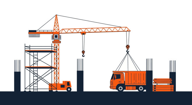 Construction Site: Crane, Truck, Scaffolding, and Concrete Building Elements Illustration