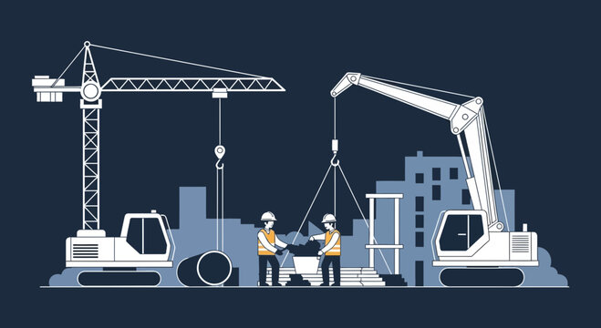 Construction Site: Cranes, Workers, and Building Elements in Vector Art Style