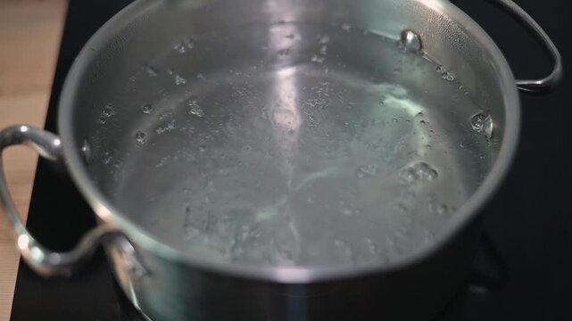 A pot filled with water sits on a stovetop as it heats up. Bubbles begin to form as the water reaches its boiling point, ready for cooking tasks