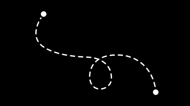 Minimalist, white, dashed, line, path, animation, on, black, background, connecting, two, points, with, a, creative, loop, for, travel, routes, and, cinematic, storytelling, overlays.
