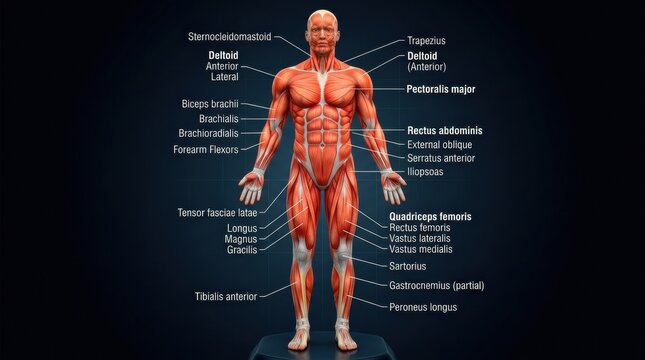 Detailed Anatomical Chart Showing Human Muscles and Structure With Labeled Muscle Groups for Educational Purposes at a Healthcare Facility