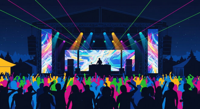 A vibrant illustration of a lively music festival with a DJ on stage and a colorful crowd of people dancing