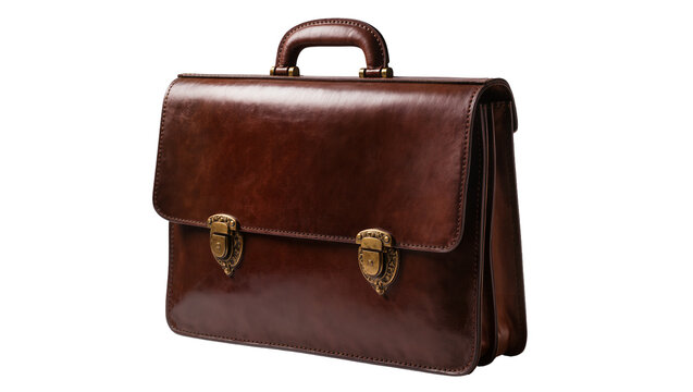 Brown leather briefcase with brass clasps, isolated on transparent background