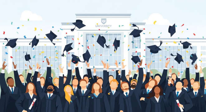 A group of graduates in caps and gowns celebrating outside a university building with confetti
