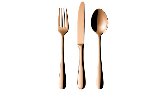 Rose gold cutlery set including fork knife and spoon, isolated on transparent background