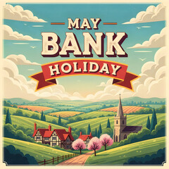 A vintage style illustration celebrating the may bank holiday in a serene english countryside