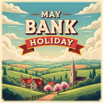 A vintage style illustration celebrating the may bank holiday in a serene english countryside
