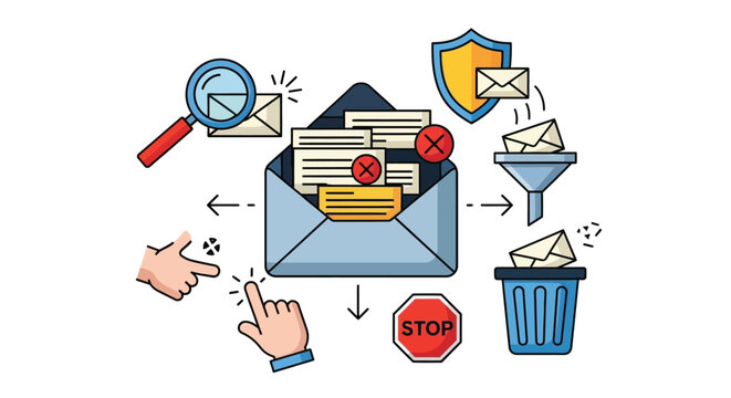 Vector illustration of spam email filtering process involving protection tools and user interaction for digital security